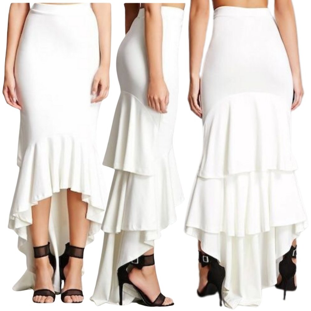 Kikiriki Tiered High-Low Maxi Skirt Cream